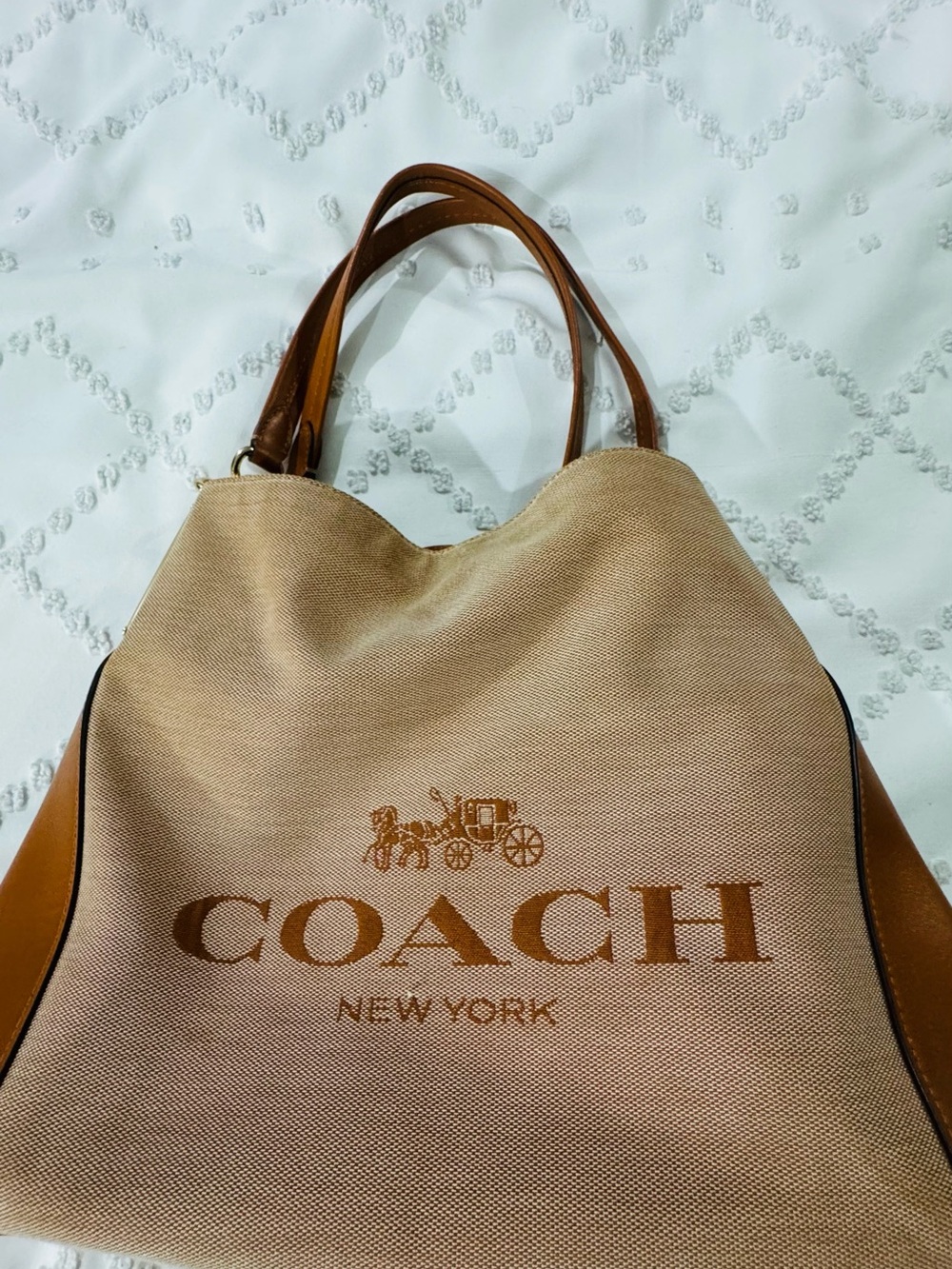 Coach Beige Canvas Tote with Brown Leather Trim